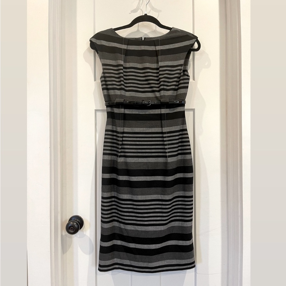 Calvin Klein Scuba Crepe Cap Sleeve Belted Black/Grey Pencil Dress Size 2